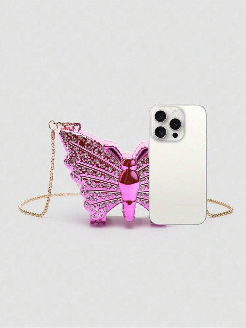 Shiny Pink Metallic Butterfly Mini Crossbody Bag with Crystal Accents - Picture 2 of 7